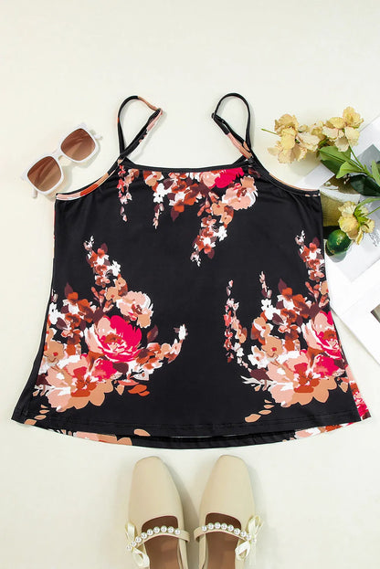 Black Floral Print Adjustable Spaghetti Strap V Neck Tank Top - Chic Meadow Boutique 