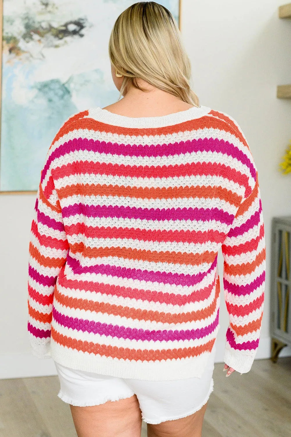 Pink Stripe V Neck Drop Shoulder Plus Size Sweater - Chic Meadow Boutique 