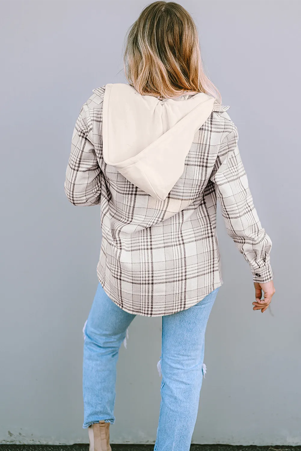 Khaki Plaid Removable Hood Buttoned Shacket - Chic Meadow Boutique 