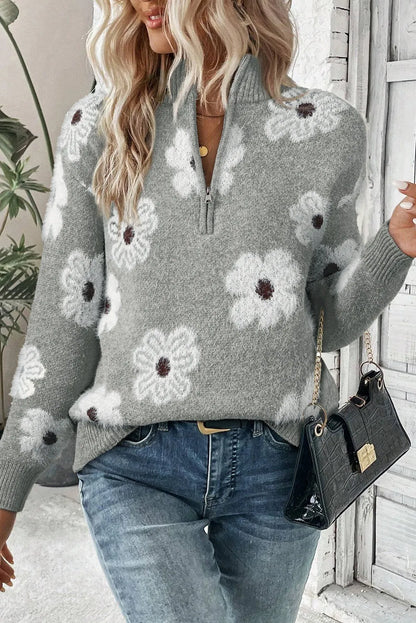 Gray Floral Pattern Half Zip Drop Shoulder Sweater - Chic Meadow Boutique 