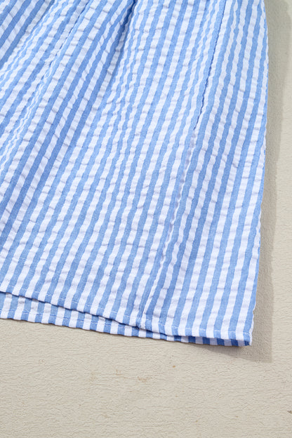 Sky Blue Stripe Seersucker Textured Notched Neck Long Puff Sleeve Tiered Curvy Dress