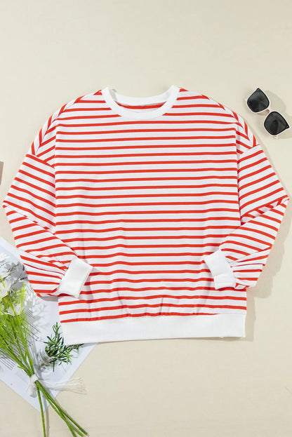 Orange Stripe Drop Shoulder Crew Neck Loose Sweatshirt - Chic Meadow Boutique 