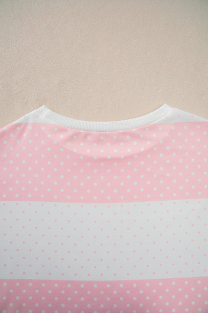 Pink Polka Dot Patchwork Colorblock Long Sleeve Top