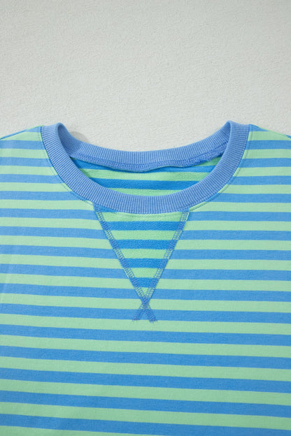 Green Stripe Striped Ribbed Cotton Two-Piece Pant Set with Chest Patch Detail
