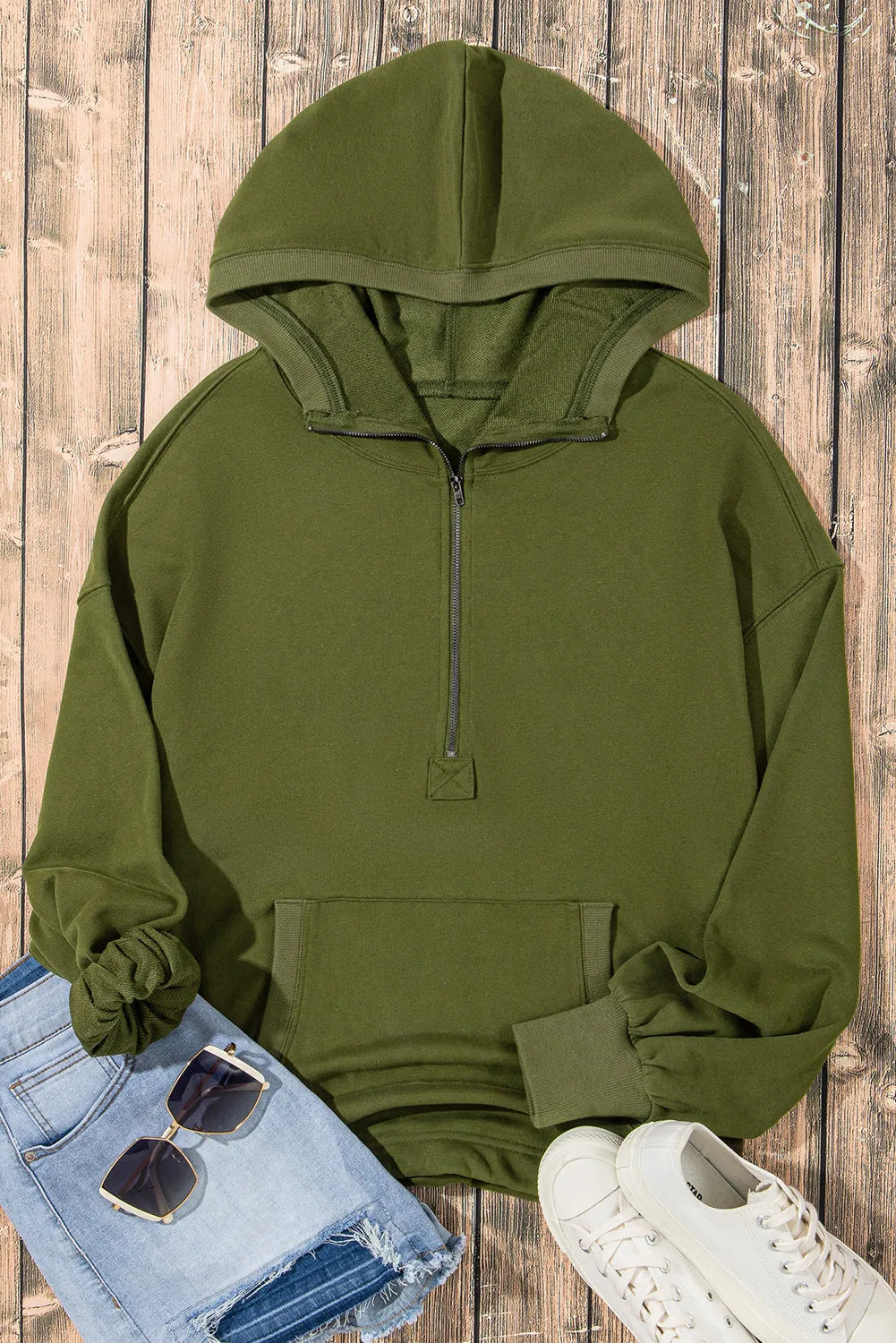 Moss Green Solid Kangaroo Pocket Half Zipper Oversized Hoodie - Chic Meadow Boutique 