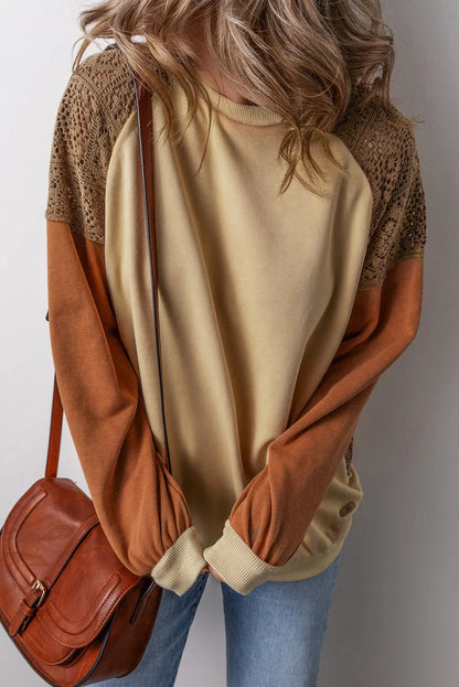 Khaki Lace Patchwork Colorblock Drop Shoulder Sweatshirt - Chic Meadow Boutique 