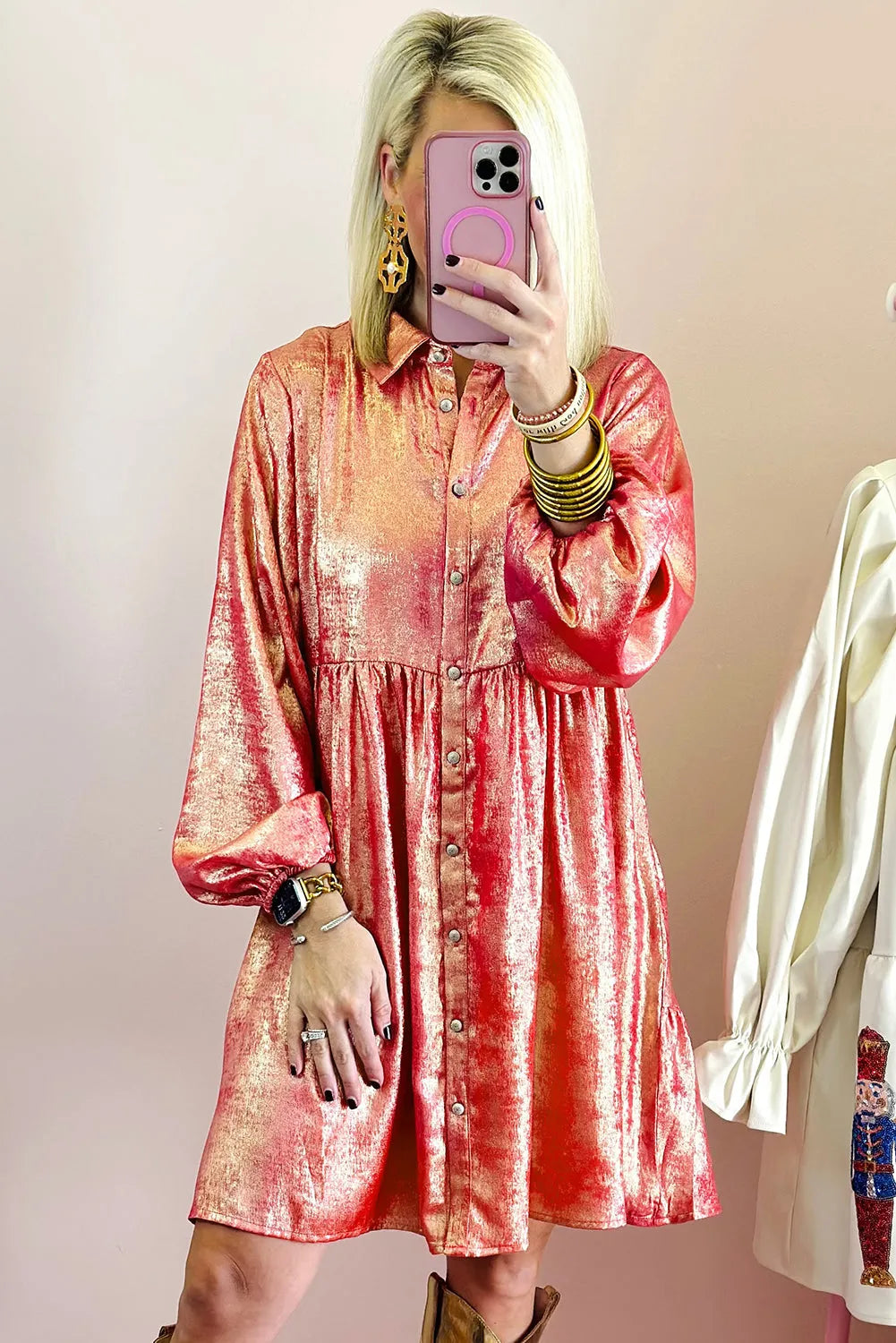 Peach Blossom Metallic Sheen Puff Sleeve Button Up Mini Shirt Dress - Chic Meadow Boutique 