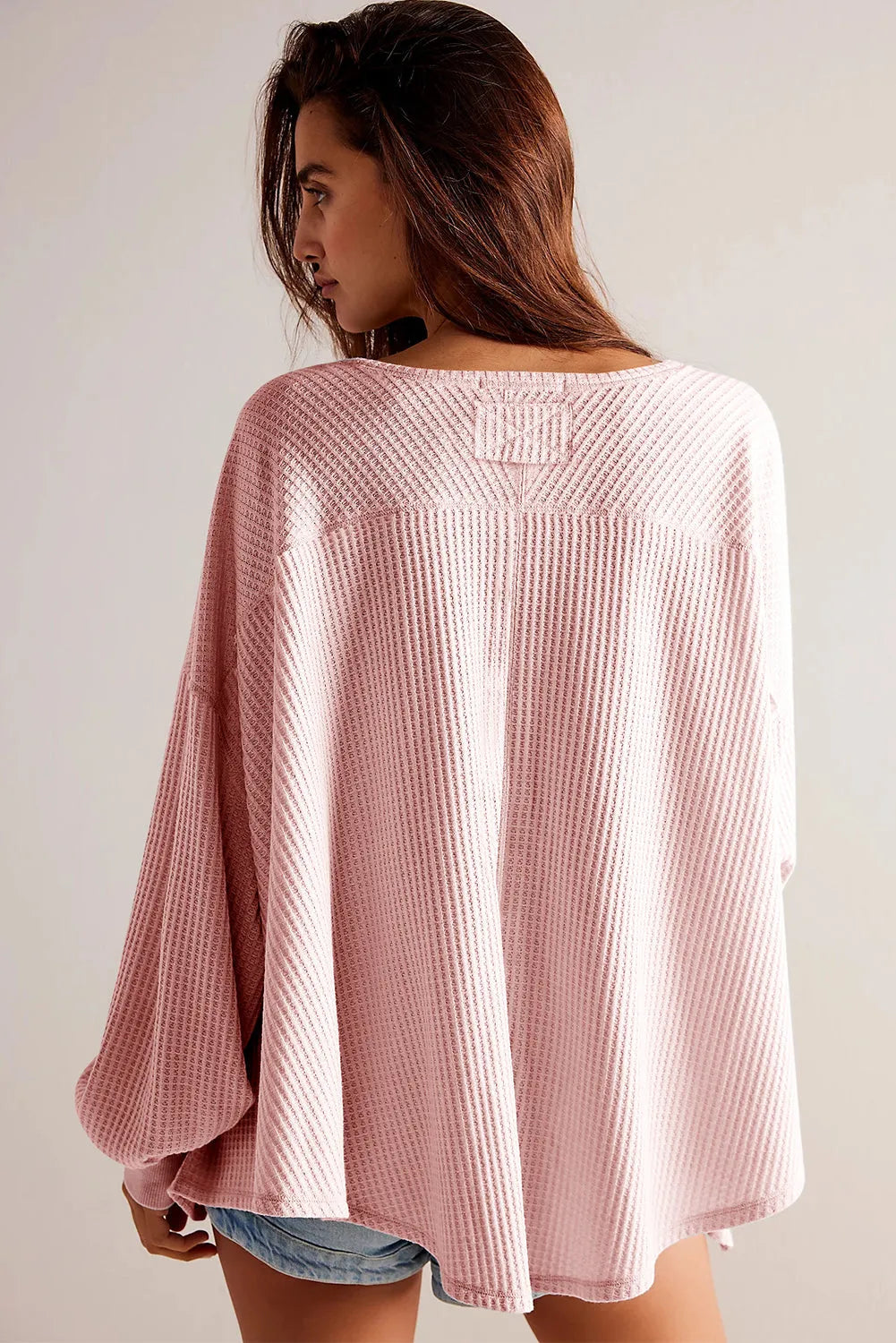 Light Pink Waffle V Neck Long Sleeve Drop Shoulder Loose Blouse - Chic Meadow Boutique 