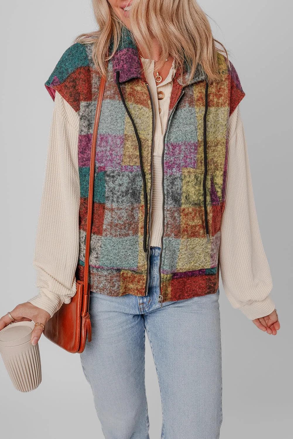 Outerwear/Vests Multicolor Plaid Print Side Pockets Zipped Loose Vest