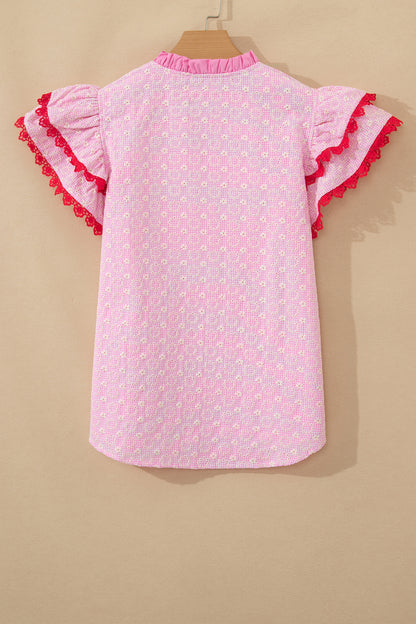 Pink Eyelet Embroidered Flower Texture Contrast Lace Trim Flutter Sleeve Blouse