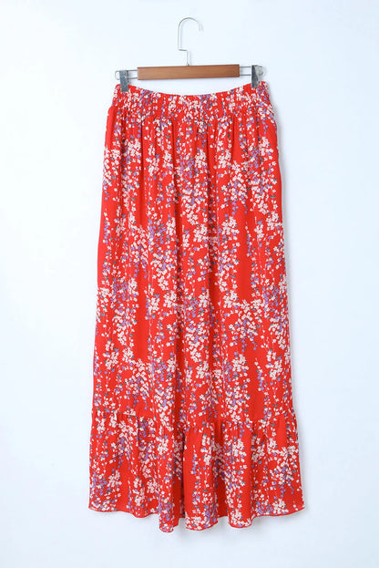 Fiery Red Multicolor Floral Ruffled Crop Top and Maxi Skirt Set - Chic Meadow Boutique 