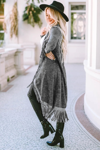 Black Fringed Hem Pocketed Open Cardigan - Chic Meadow Boutique 