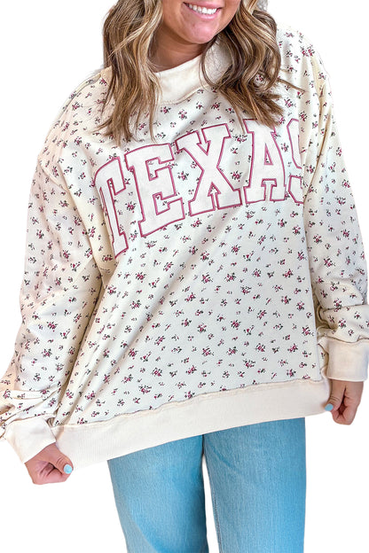 Apricot Floral Print Texas Long Sleeve Ribbed Neck Tunic Plus Size Sweatshirt