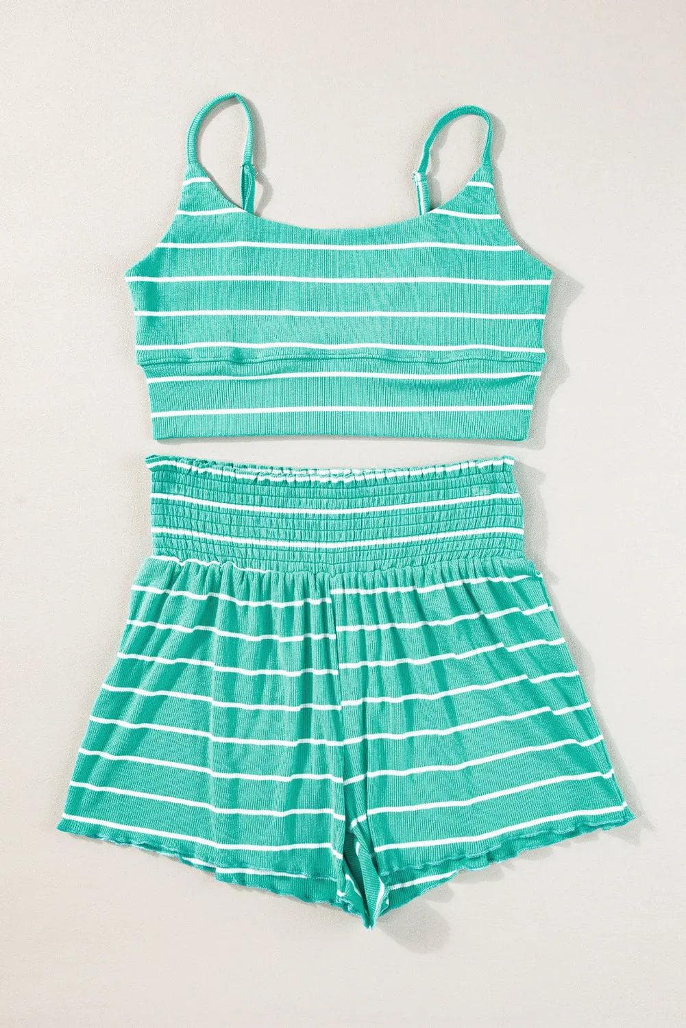 Two Piece Sets/Short Sets Green Stripe U Neck Crop Cami Top and Shorts Outfit