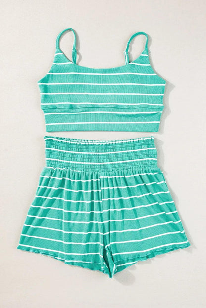 Two Piece Sets/Short Sets Green Stripe U Neck Crop Cami Top and Shorts Outfit