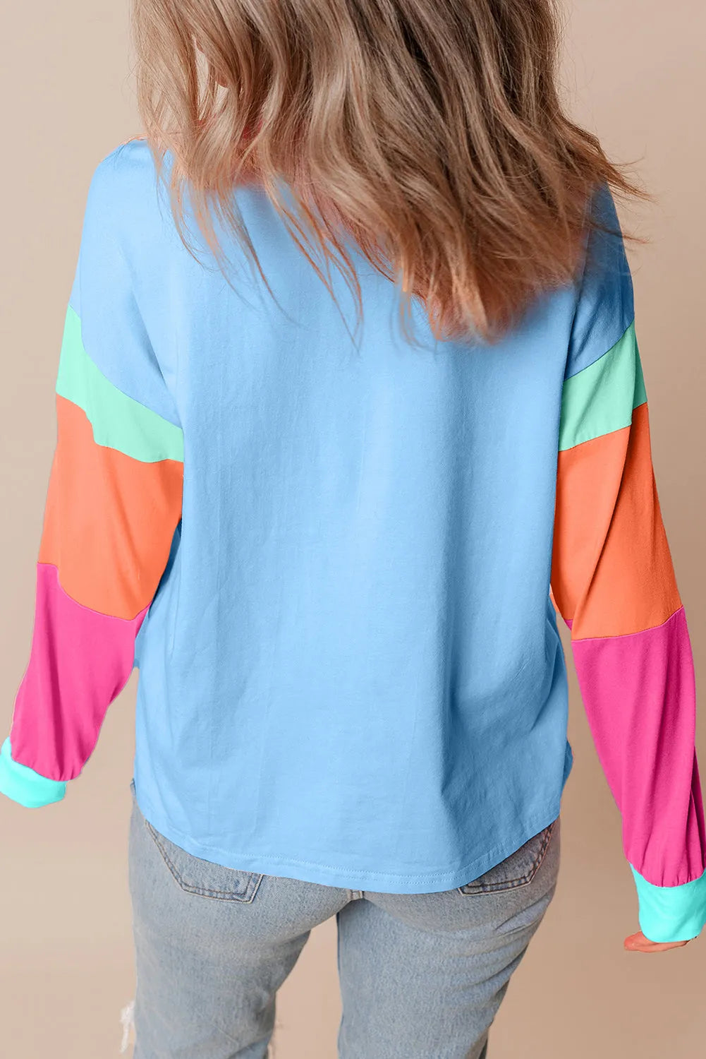 Dark Blue Colorblock Patchwork Long Sleeve Loose Top - Chic Meadow Boutique 