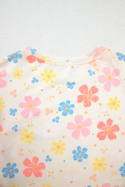 Apricot Floral Print Crop Top Wide Leg Short Set