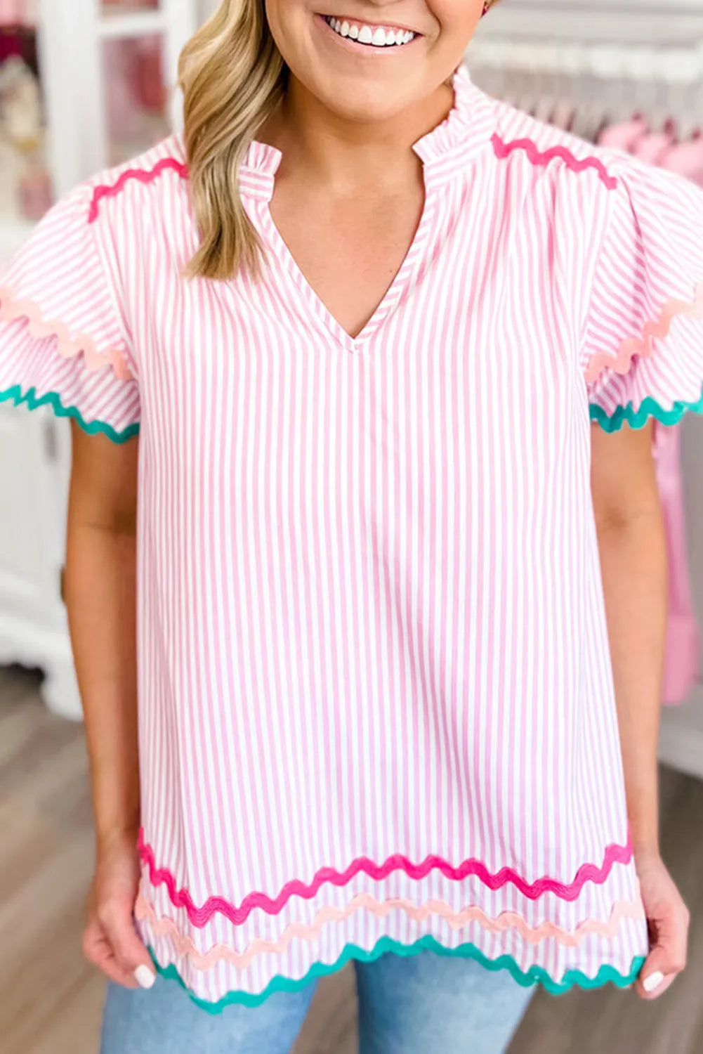 Pink Stripe Ricrac Trim Split Neck Striped Ruffled Sleeve Blouse - Chic Meadow Boutique 