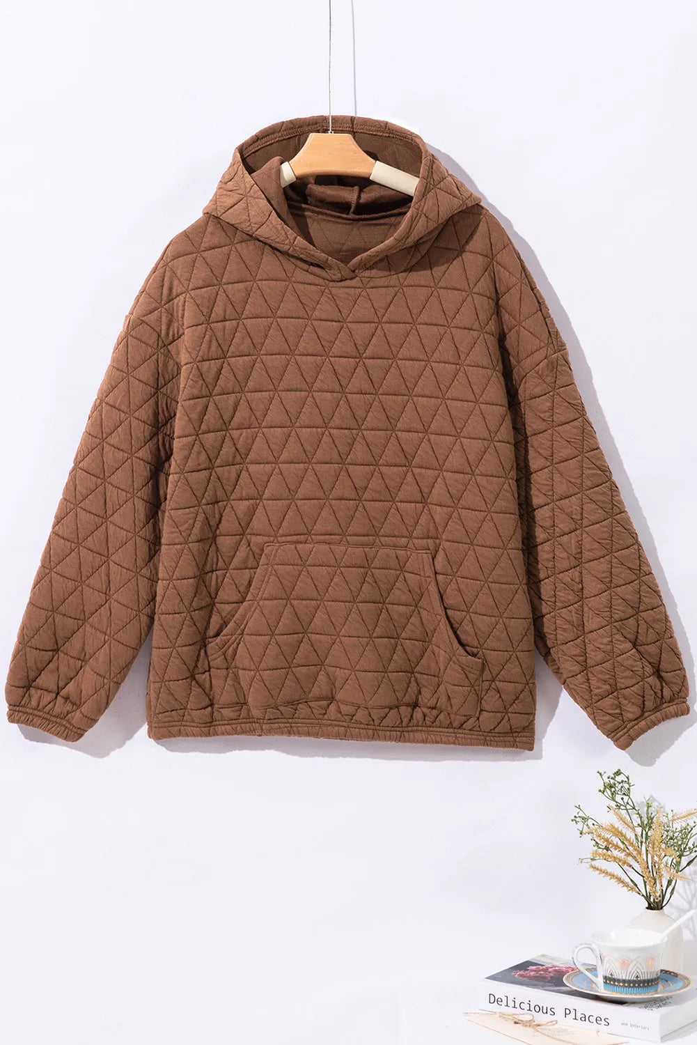 Coffee Solid Color Quilted Kangaroo Pocket Hoodie - Chic Meadow Boutique 