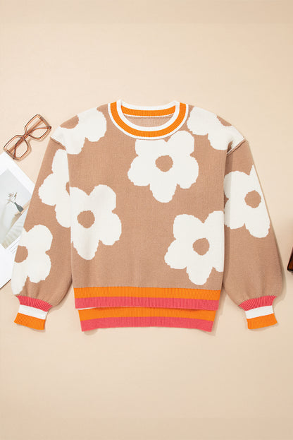 Smoke Gray Big Flower Pattern Contrast Striped Baggy Sweater