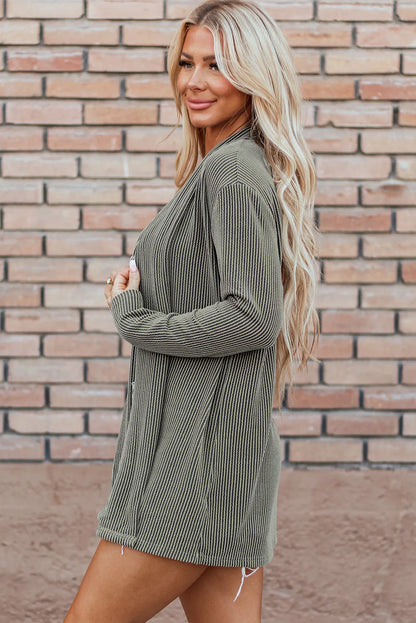 Moss Green Corded Open Front Knit Cardigan - Chic Meadow Boutique 