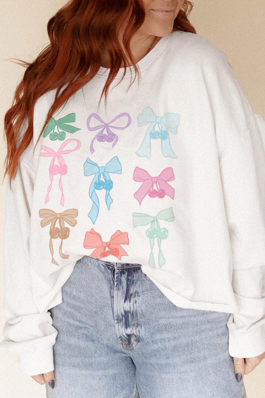 Tops/Sweatshirts & Hoodies White / S / 50%Polyester+50%Cotton White Bowknot Pattern Drop Shoulder Loose Sweatshirt