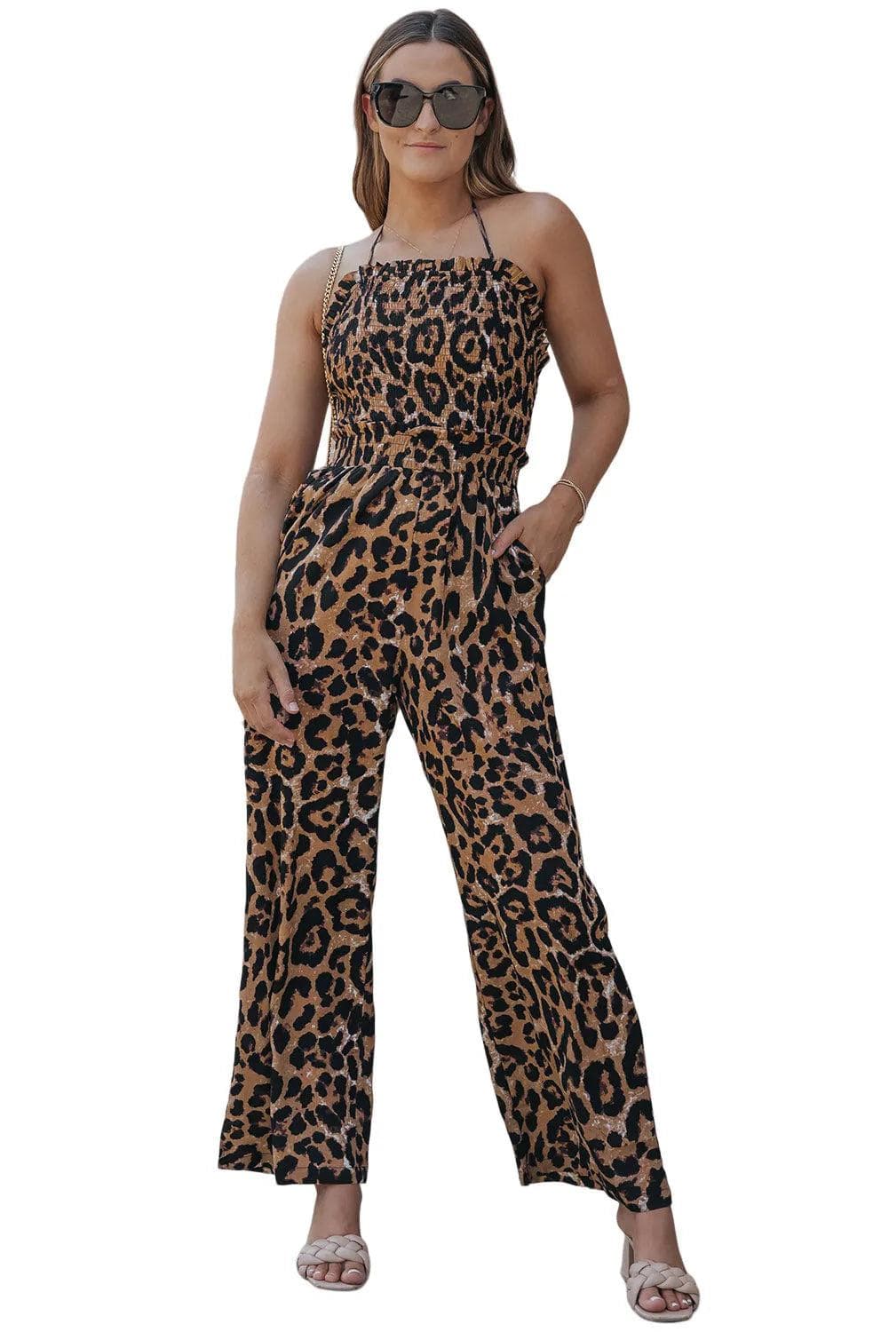 Leopard Print Halter Neck Backless Wide Leg Jumpsuit - Chic Meadow Boutique 