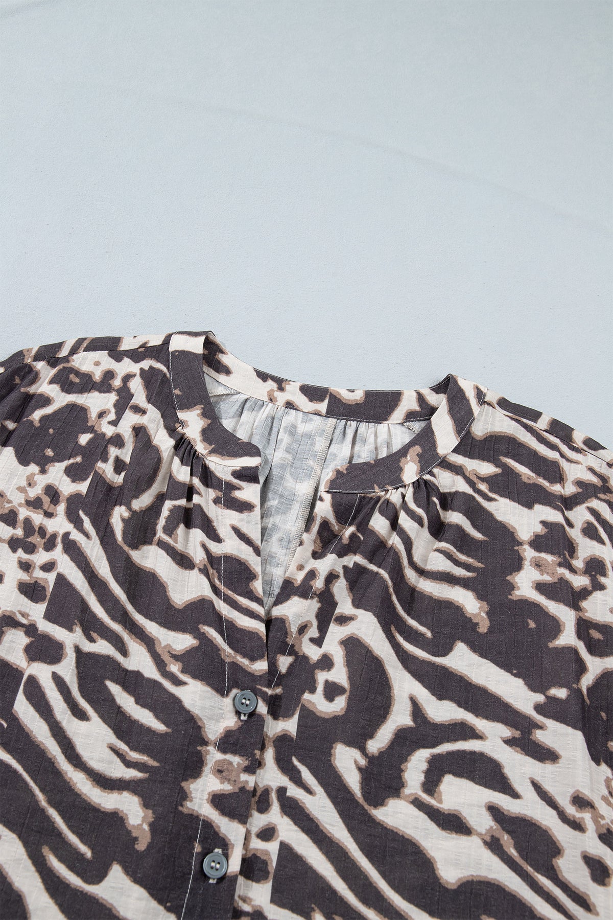 Parchment Leopard Print V Neck Button Down Balloon Sleeve Shirt