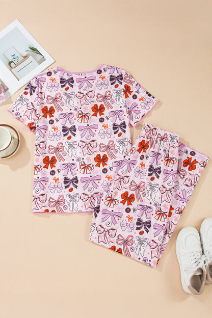 Pink Diverse Bows Buttons Printed Contrast Trim Short Sleeve Shirt Pajama Pant Set
