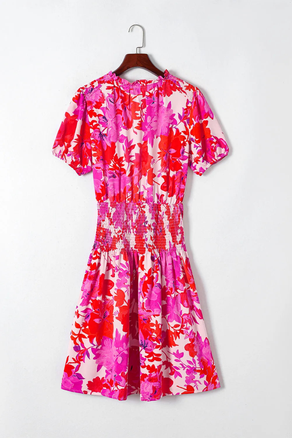 Rose Floral Smocked Waist Bubble Sleeve Flare Dress - Chic Meadow Boutique 