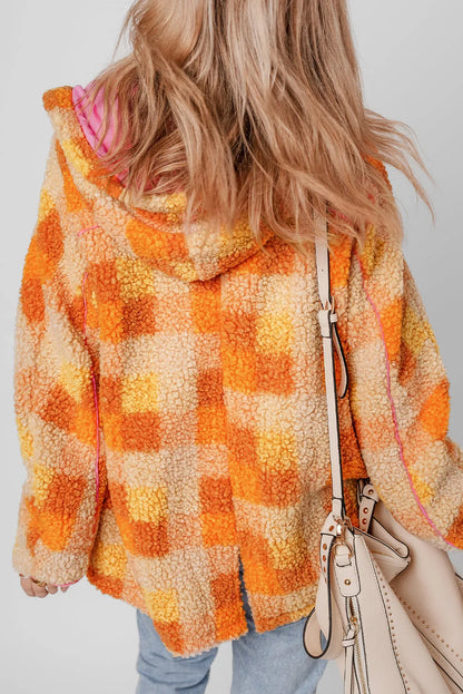 Orange Checkered Sherpa Hooded Jacket - Chic Meadow Boutique 