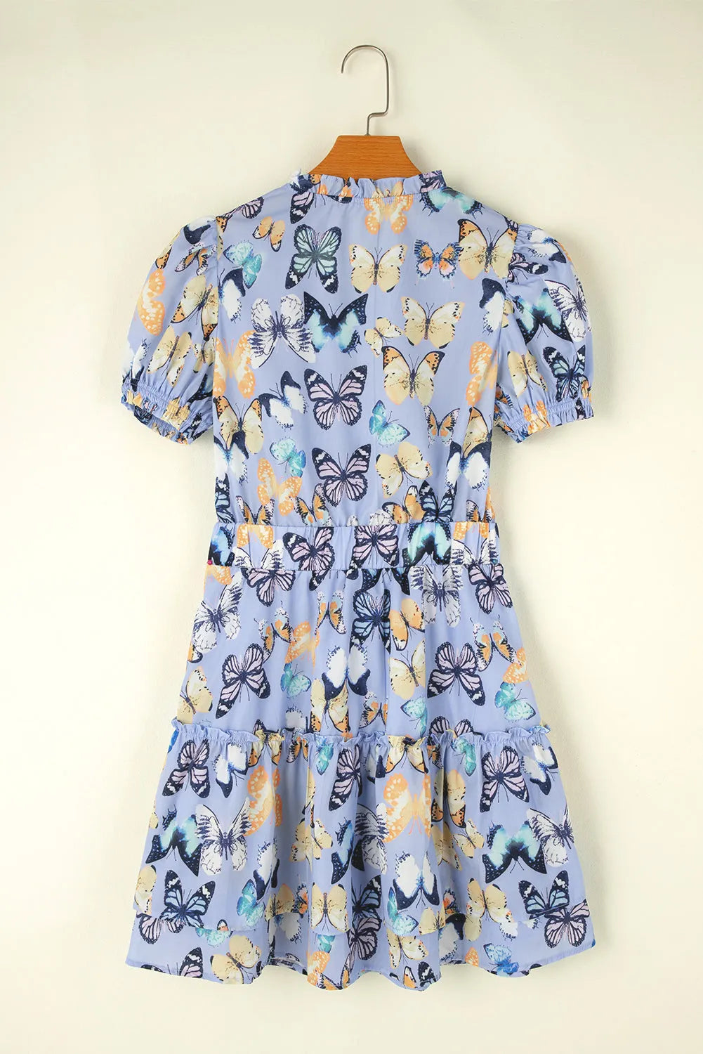 Purple Butterfly Print Short Puff Sleeve Pleated Ruffle Dress - Chic Meadow Boutique 