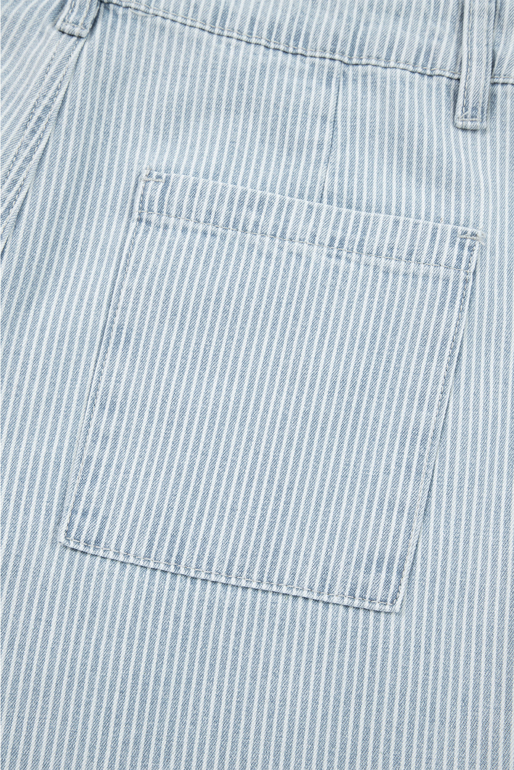 Sky Blue Stripe Button Flap Pocket Cuffed Hem Wide Leg Jeans