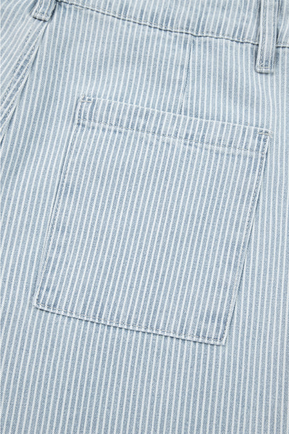 Sky Blue Stripe Button Flap Pocket Cuffed Hem Wide Leg Jeans