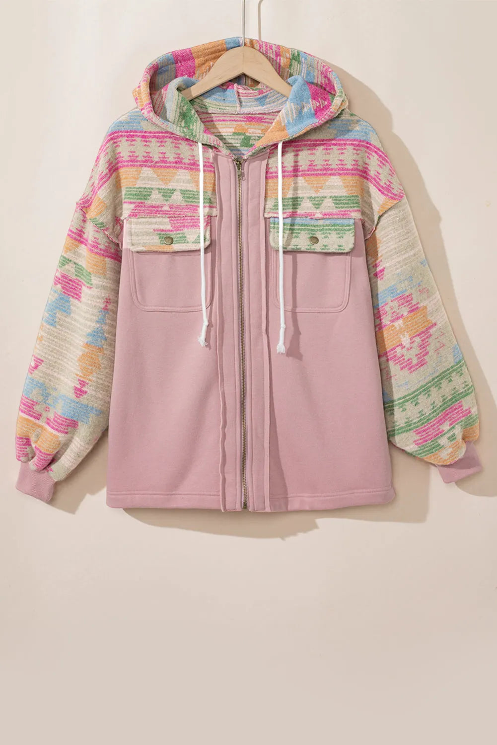 Outerwear/Jackets Light Pink Aztec Patch Drawstring Hooded Zip Up Jacket