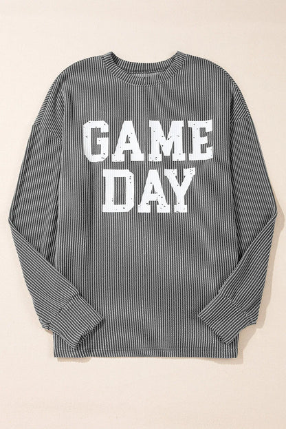 Dark Grey Corded GAME DAY Graphic Long Sleeve Crewneck Top - Chic Meadow Boutique 