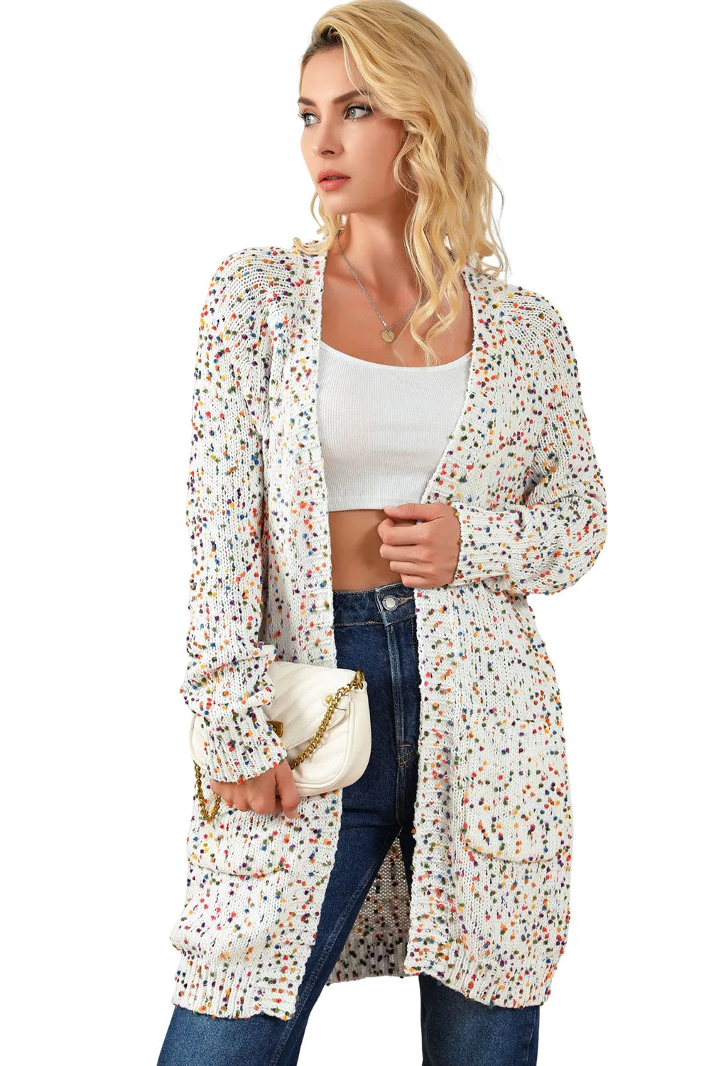 White Rainbow Popcorn Speckles Open Front Cardigan - Chic Meadow Boutique 