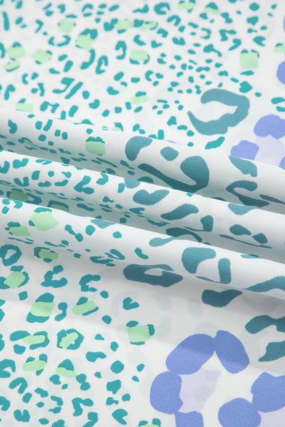 Sky Blue Leopard Layered Ruffle Short Sleeve Casual Blouse