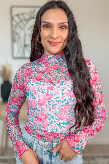 Pink Slim Fit Floral Mesh Long Sleeve Mock Neck Top