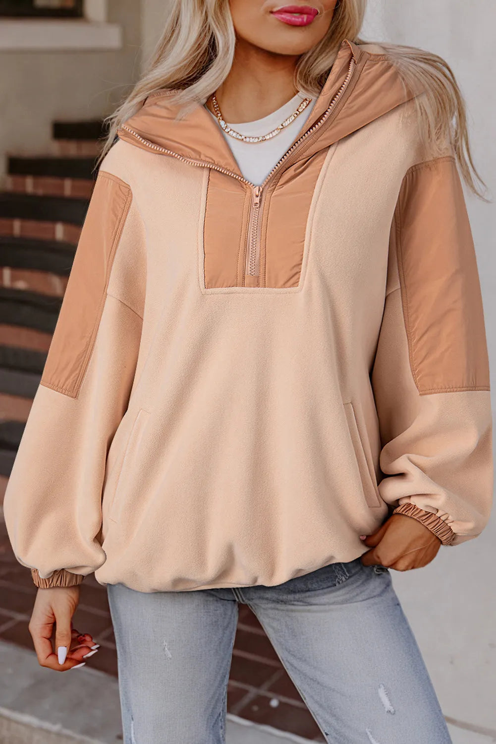 Light French Beige Colorblock Patchwork Half Zip Oversized Sherpa Hoodie - Chic Meadow Boutique 