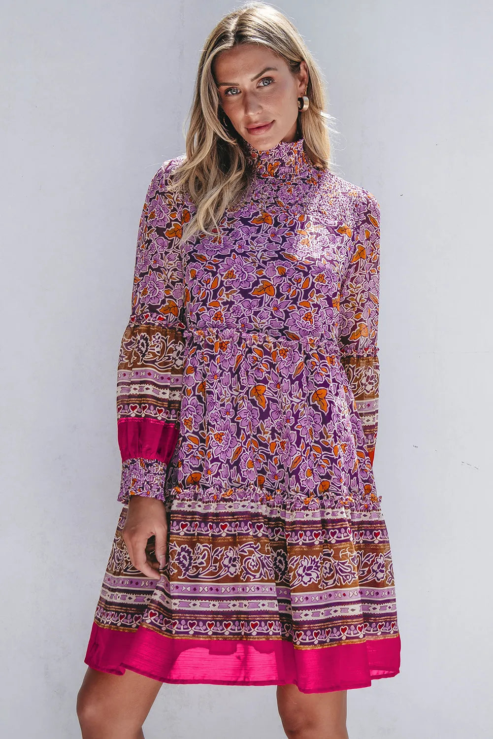 Purple Floral Smocked Puff Sleeve High Neck Mini Dress - Chic Meadow Boutique 