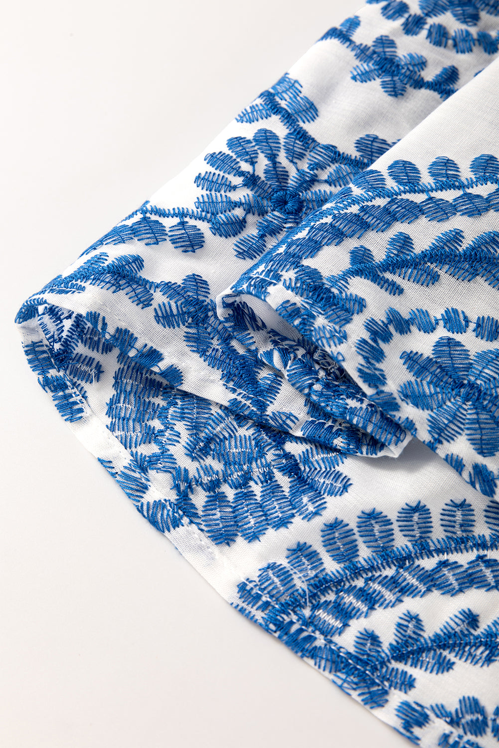 Blue Boho Print Flutter Sleeve Crew Neck Blouse