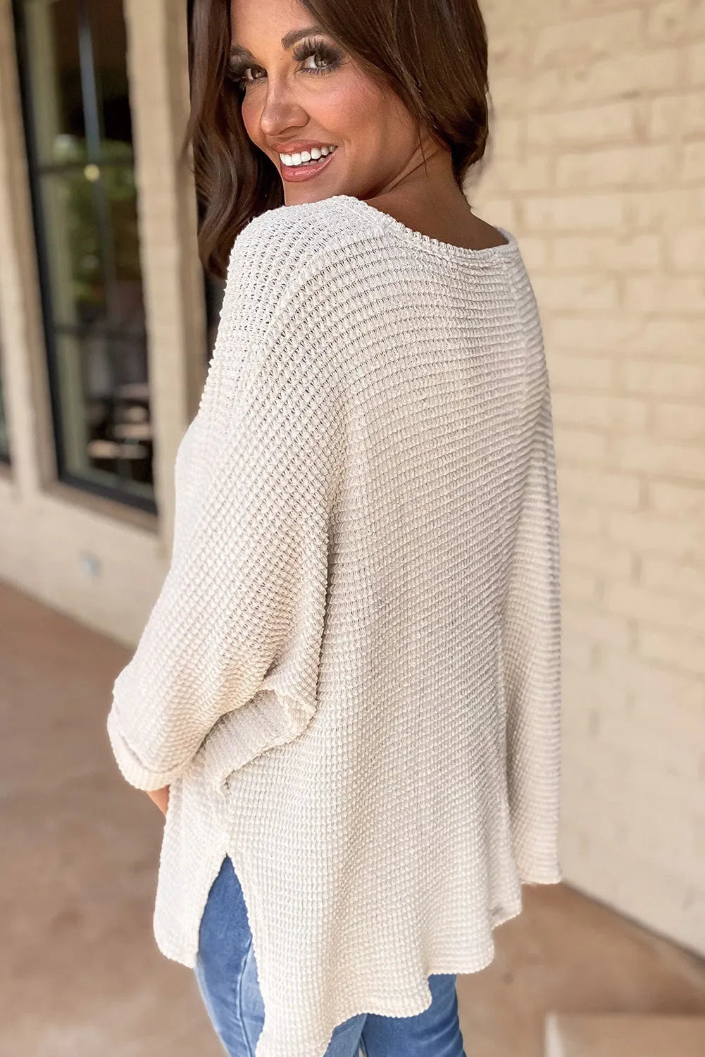 White Waffle Knit Side Slits Loose Fit V Neck Top - Chic Meadow Boutique 