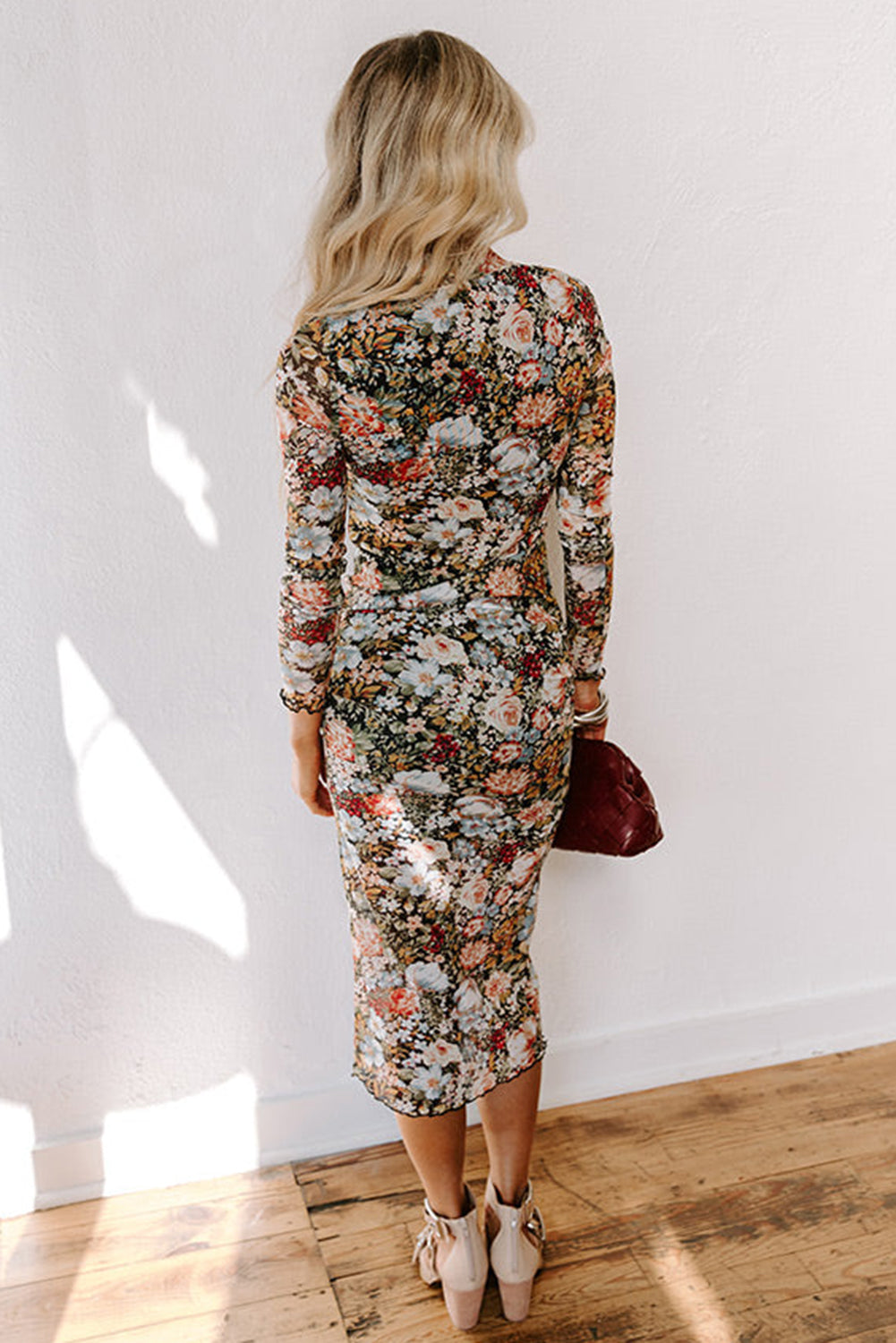 Brown Floral Allover Print Mock Neck Bodycon Long Sleeve Midi Dress