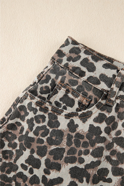 Khaki Leopard Denim Mini Skirt