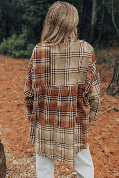 Khaki Plaid Colorblock Patchwork High Low Shacket - Chic Meadow Boutique 