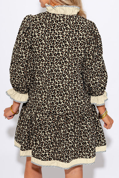 Black Leopard Print Striped Color Block Trim V Neck Bracelet Sleeve Mini Dress