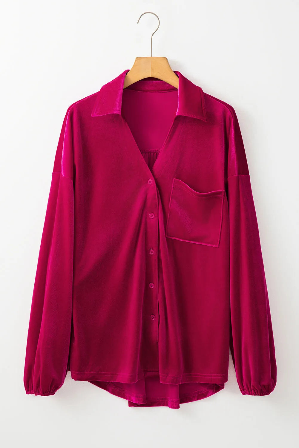 Pitaya Pink Buttoned V Neck Chest Pocket Velvet Shirt - Chic Meadow Boutique 