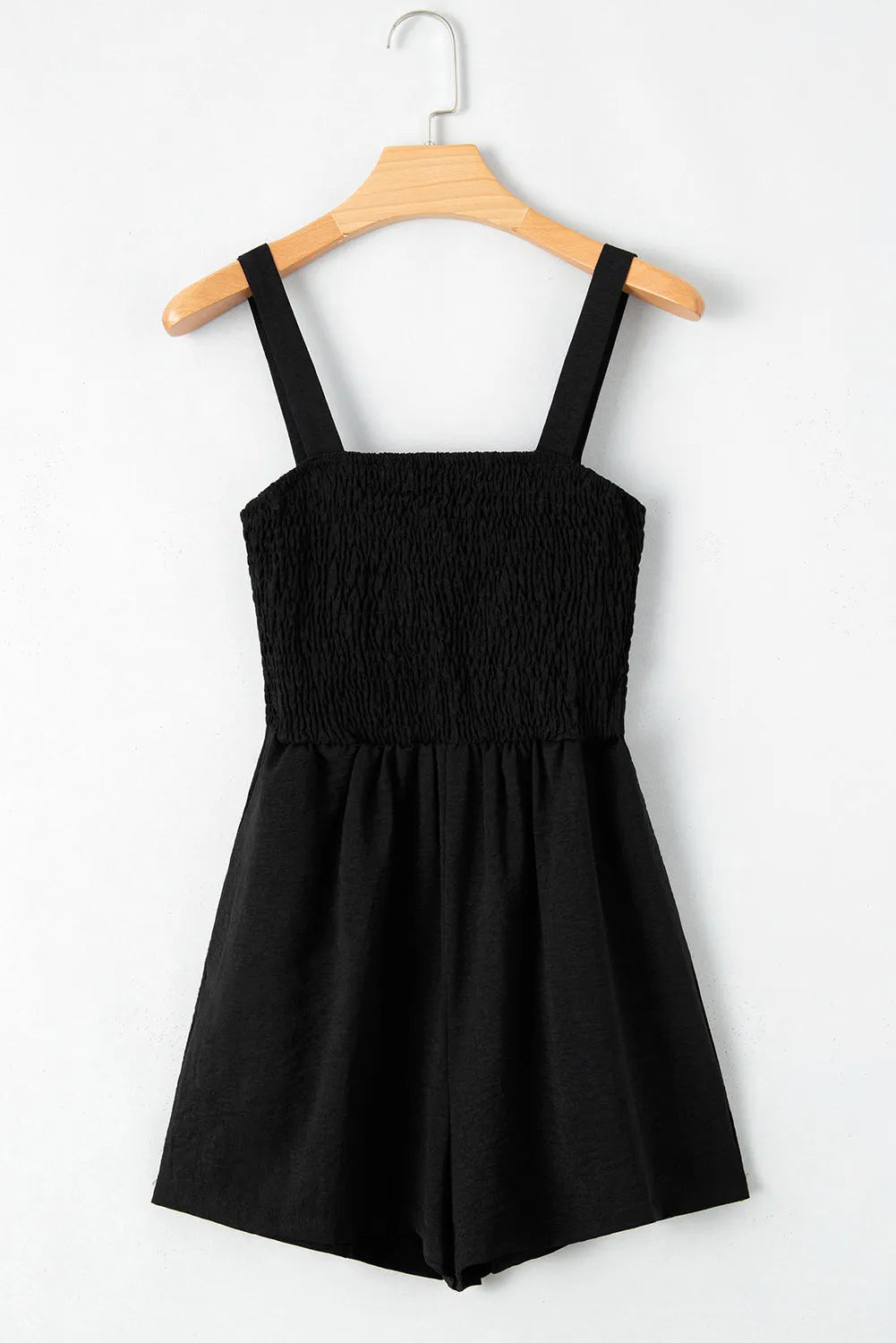 Black Casual Pocketed Smocked Sleeveless Romper - Chic Meadow Boutique 