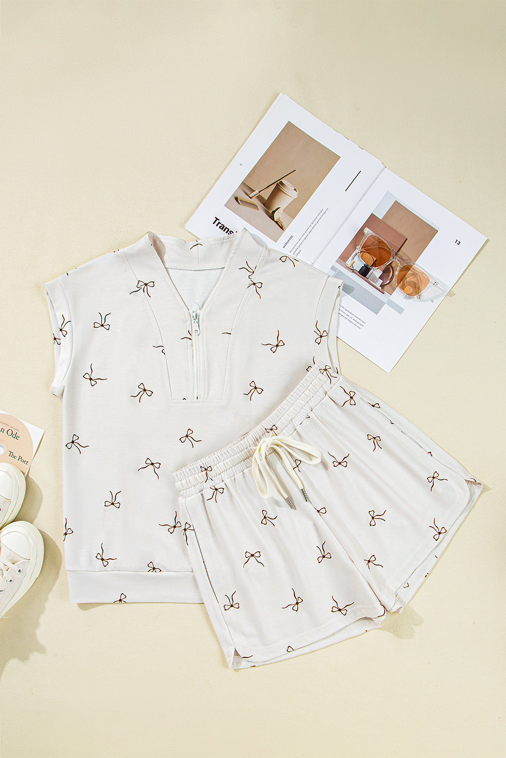 Beige Bow Print Half Zip Tank and Shorts 2pcs Set